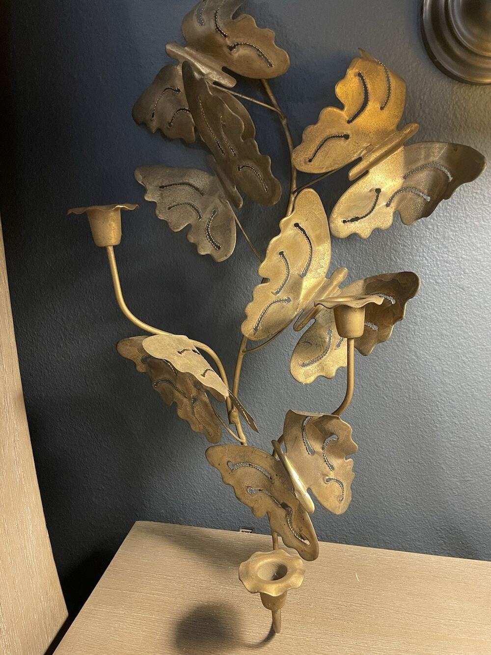 Vintage MCM Brass Butterfly Wall Candle Sconce 3 Taper Holders Hollywood Regency
